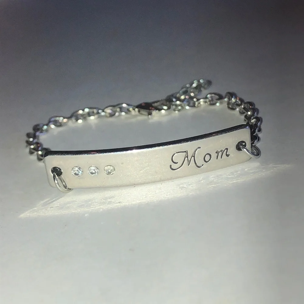 Mom Engraved Silver Tone Plate Bracelet with Crystal Accents